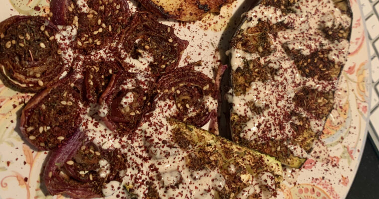 Roasted aubergines with za’atar and tahini sauce