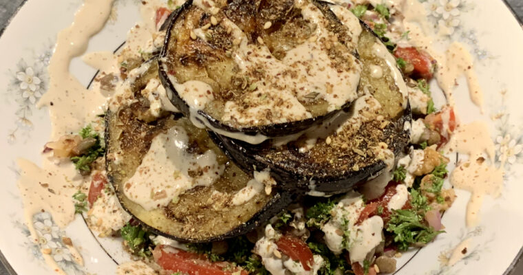 Aubergines with lentil tabbouleh